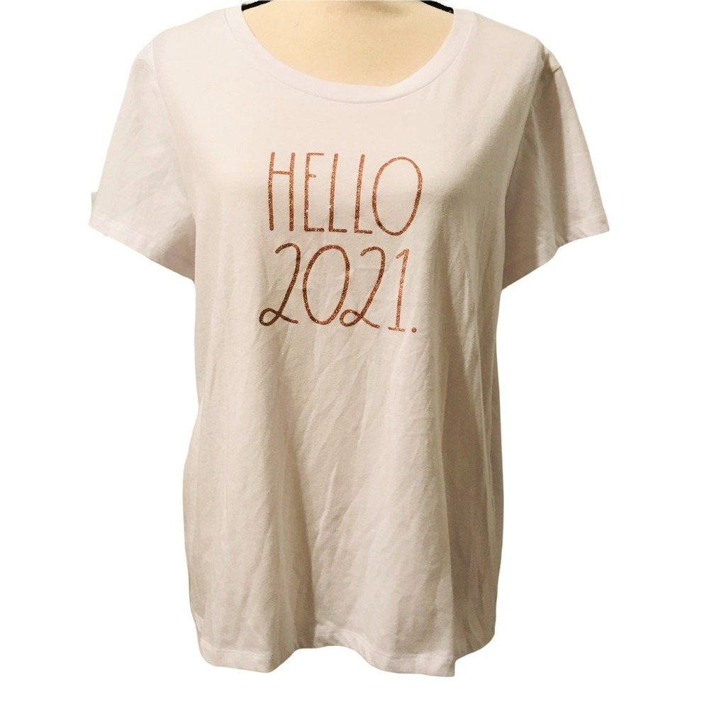 RAE DUNN Womens‎ "Hello 2021" XL white t-shirt Short Sleeve Shirt